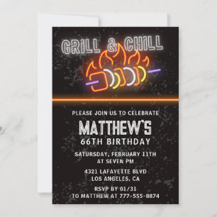 Neon Black Bbq Grill Chill 66th birthday Invitation