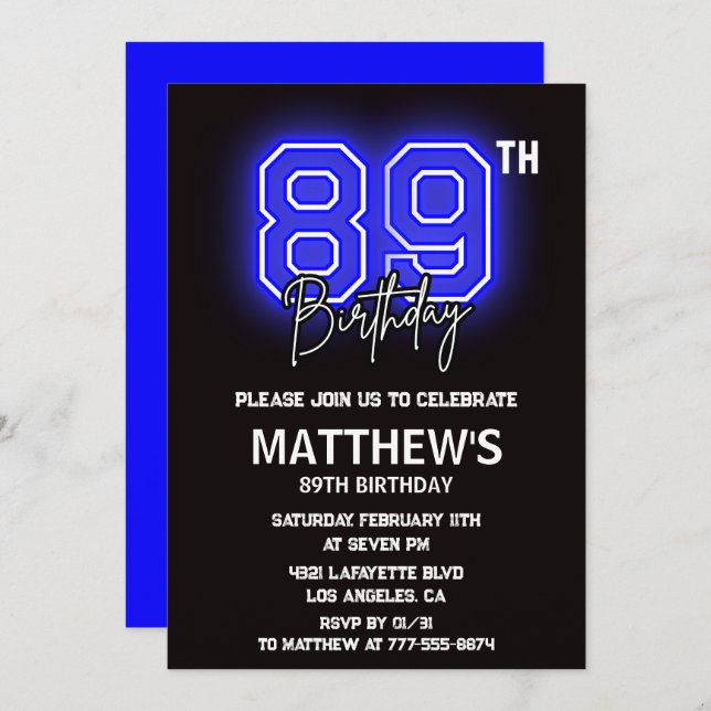 Neon Black Blue 89th birthday invitations (Front/Back)