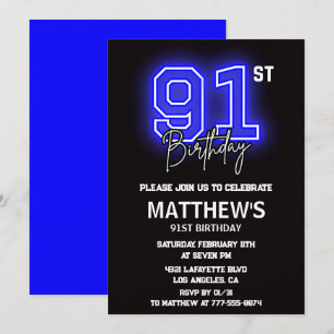 Neon Black Blue 91st birthday invitations