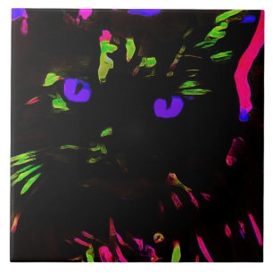 Neon Black Cat with Glowing Eyes Ceramic Tile