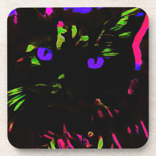 Neon Black Cat with Glowing Eyes Coaster