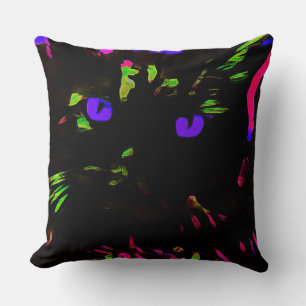 Neon Black Cat with Glowing Eyes Cushion