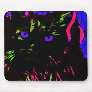 Neon Black Cat with Glowing Eyes Mouse Pad