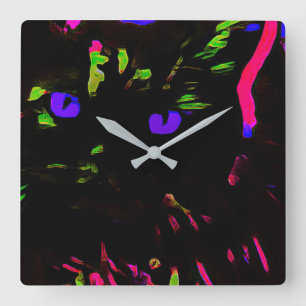 Neon Black Cat with Glowing Eyes Square Wall Clock