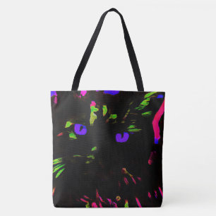 Neon Black Cat with Glowing Eyes Tote Bag