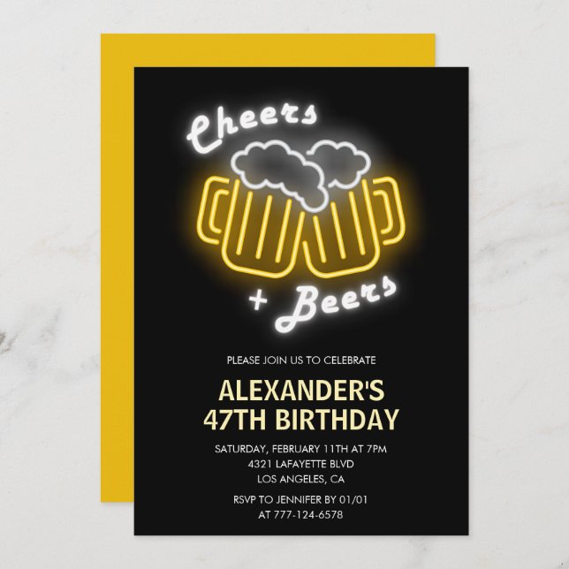 Neon Black Mens Cheers and Beers 47th birthday  Invitation (Front/Back)