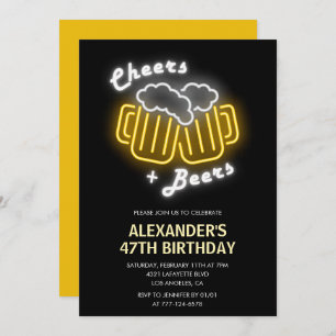 Neon Black Mens Cheers and Beers 47th birthday  Invitation
