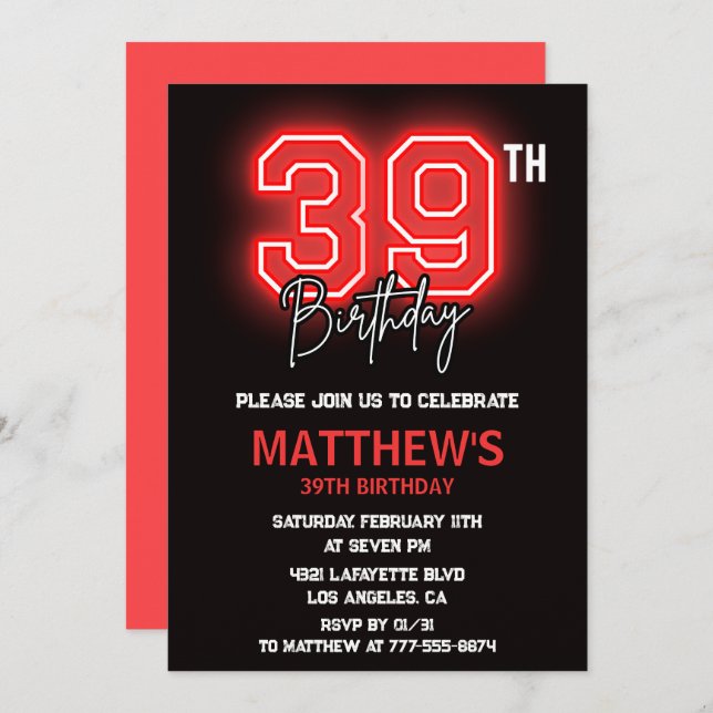 Neon Black Red Men Sport 39th birthday Invitation (Front/Back)