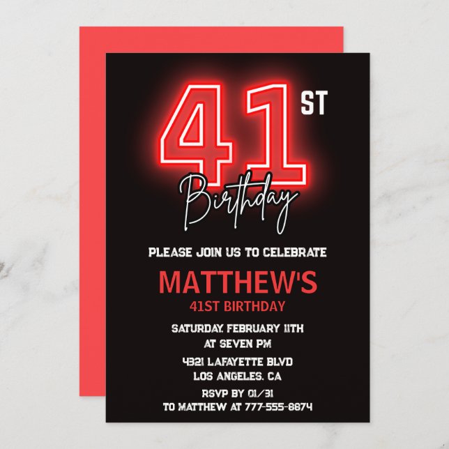 Neon Black Red Men Sport 41st birthday Invitation (Front/Back)