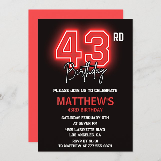Neon Black Red Men Sport 43rd birthday Invitation (Front/Back)