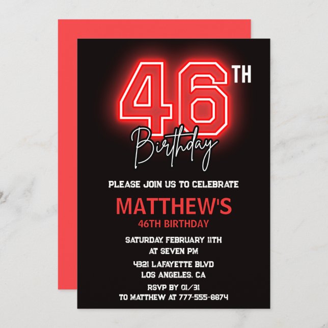 Neon Black Red Men Sport 46th birthday Invitation (Front/Back)