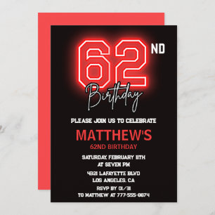 Neon Black Red Men Sport 62nd birthday Invitation