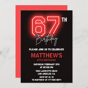 Neon Black Red Men Sport 67th birthday Invitation