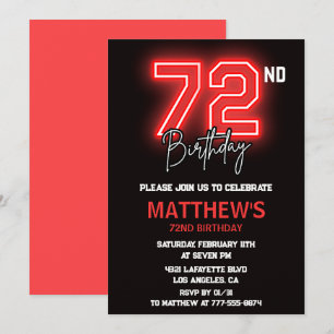 Neon Black Red Men Sport 72nd birthday Invitation