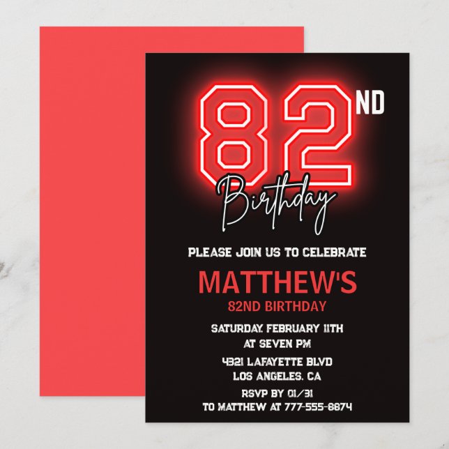 Neon Black Red Men Sport 82nd birthday Invitation (Front/Back)