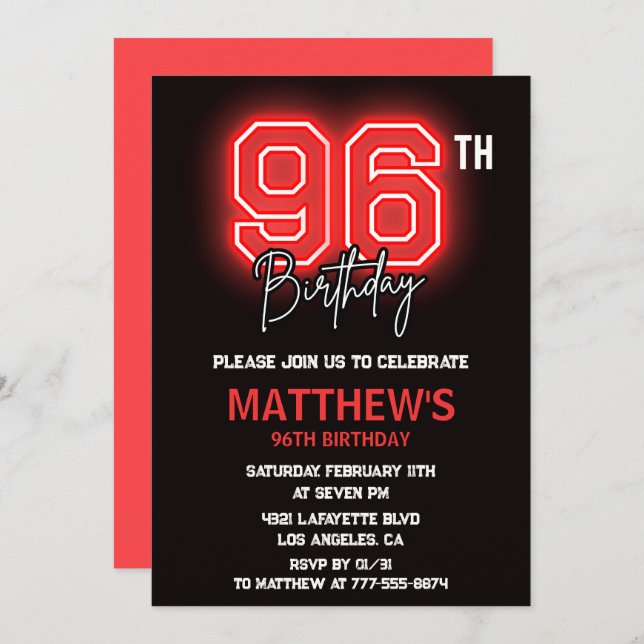 Neon Black Red Men Sport 96th birthday Invitation (Front/Back)