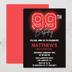Neon Black Red Men Sport 99th birthday Invitation