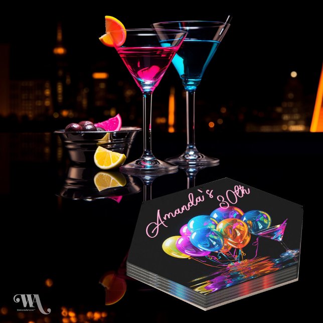 Neon Blacklight Cocktail Balloons Birthday Paper Coaster (Creator Uploaded)