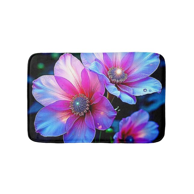 Neon Bloom Flower Magic Glow Design Bath Mat (Front)