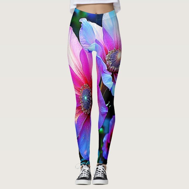 Neon Bloom Flower Magic Glow Design Leggings (Front)