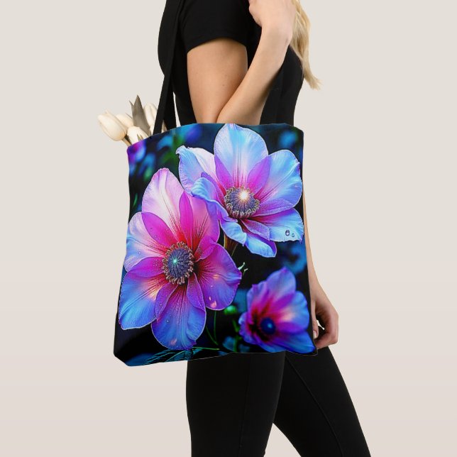 Neon Bloom Flower Magic Glow Design Tote Bag (Close Up)