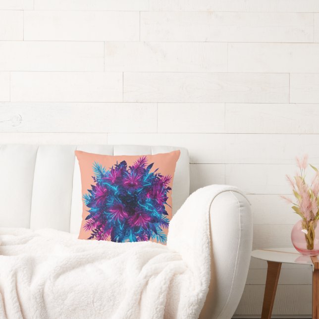 Neon Bloom: Futuristic Bioluminescent Floral Art Cushion (Couch)