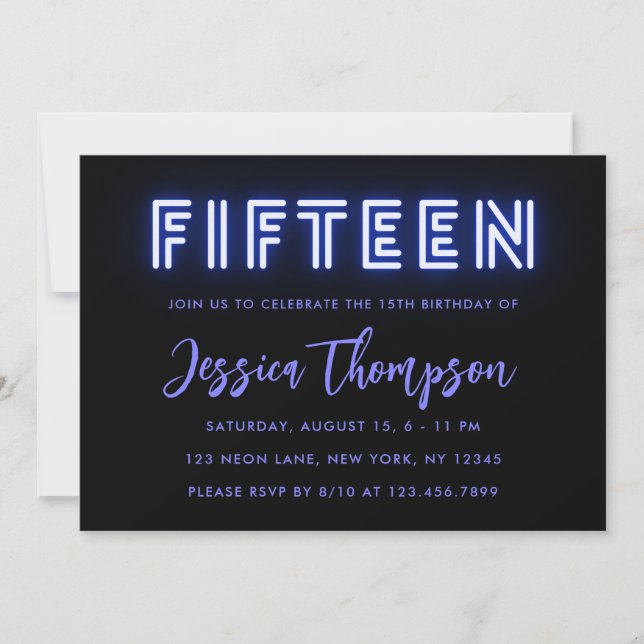 Neon Blue 15th Birthday Invitation (Front)