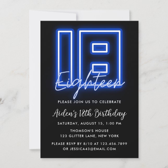 Neon Blue 18th Birthday Invitation (Front)