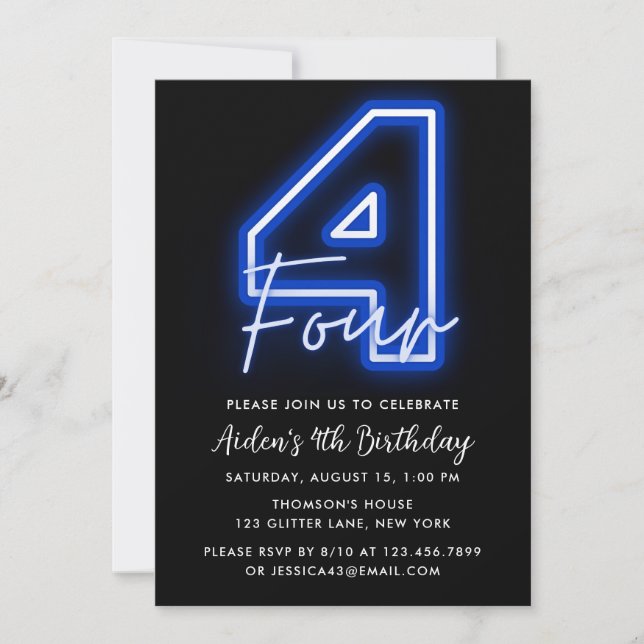 Neon Blue 4th Birthday Invitation (Front)