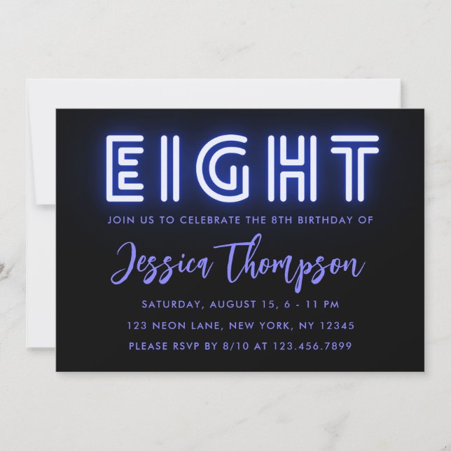 Neon Blue 8th Birthday Invitation (Front)