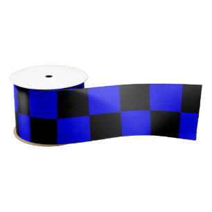 Neon Blue and Black Chequered Chequerboard Vintage Satin Ribbon