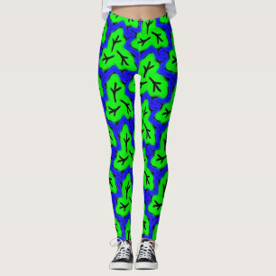 Neon Blue and Green Bold Leafy Pattern Leggings