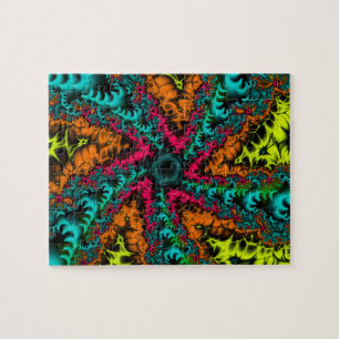 Neon Blue and Orange Fractal Art Jigsaw Puzzle