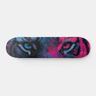 Neon Blue and Pink Close-up of Tiger Eyes Skateboard