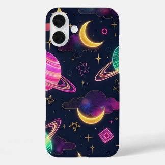 Neon blue and purple space galaxy planets  iPhone 16 plus case