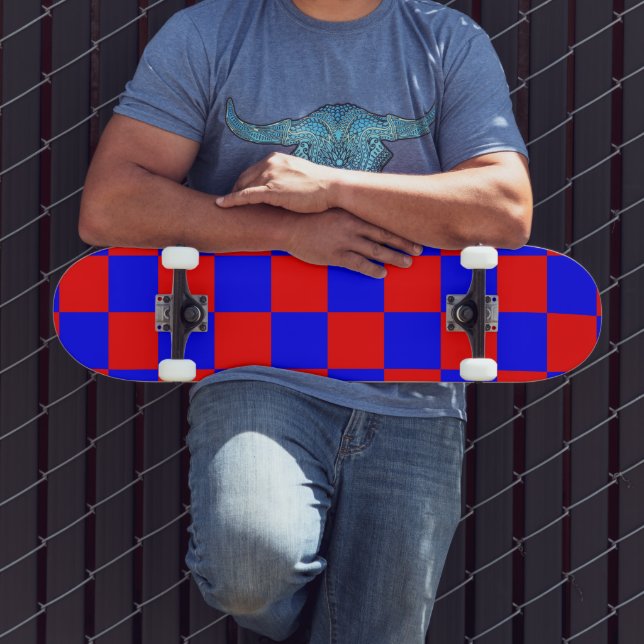 Neon Blue and Red Chequered Chequerboard Vintage Skateboard (Outdoor 3)