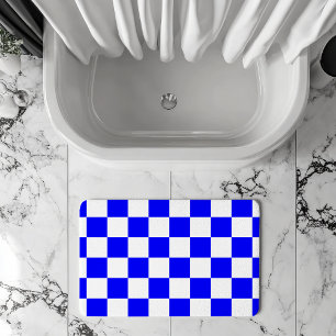 Neon Blue and White Chequered Chequerboard Vintage Bath Mat