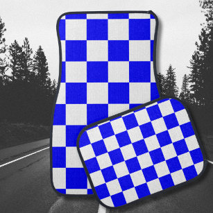 Neon Blue and White Chequered Chequerboard Vintage Car Mat