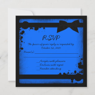 Neon blue black ribbon grunge wedding RSVP Invitation