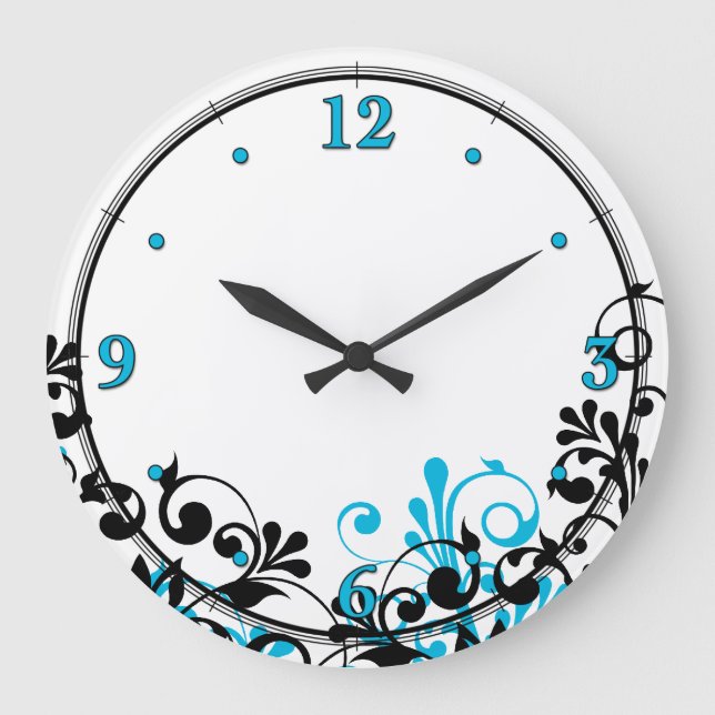Neon Blue Black White Floral Wall Clock (Front)