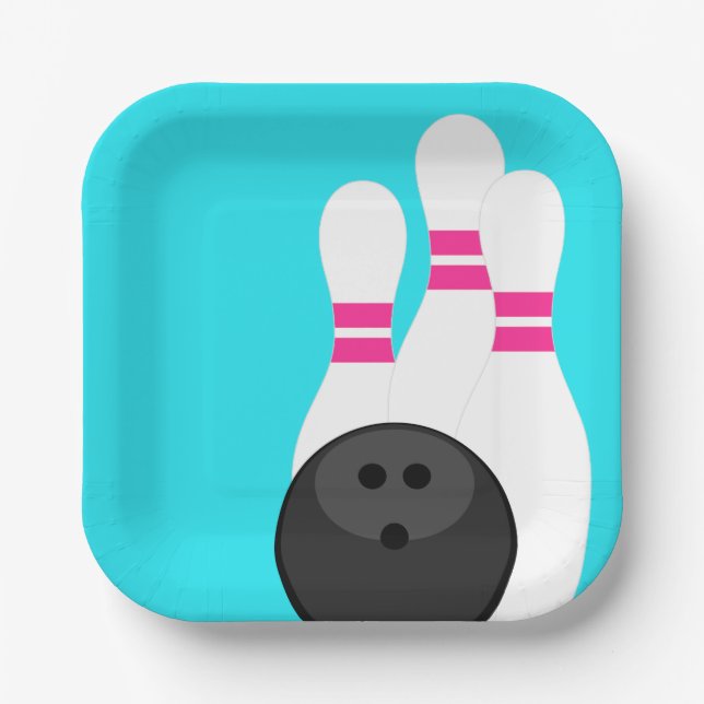 Neon Blue Bowling Party Paper Plates (Front)