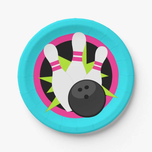 Neon Blue Bowling Pin Paper Plates (Front)