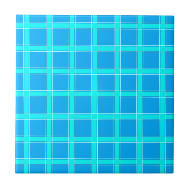 Neon blue bright checked pattern  ceramic tile (Front)
