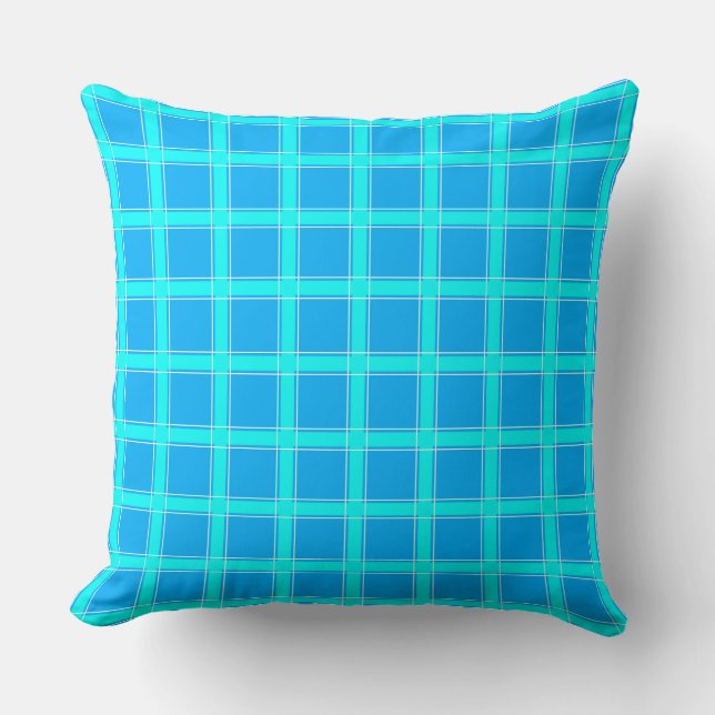 Neon blue bright checked pattern  cushion (Front)