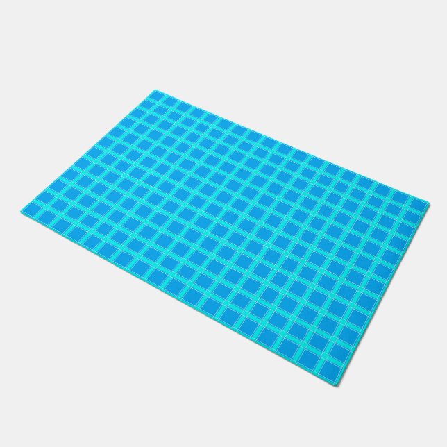 Neon blue bright checked pattern  doormat (Angled)