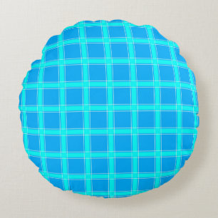 Neon blue bright checked pattern  round cushion