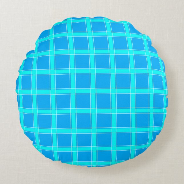 Neon blue bright checked pattern  round cushion (Front)
