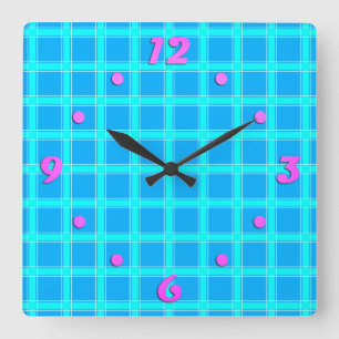 Neon blue bright checked pattern square wall clock