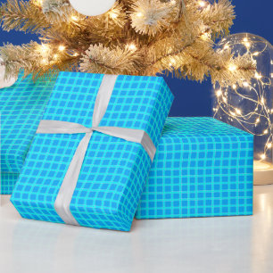 Neon blue bright checked pattern wrapping paper