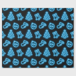 Neon Blue Christmas on Black Wrapping Paper